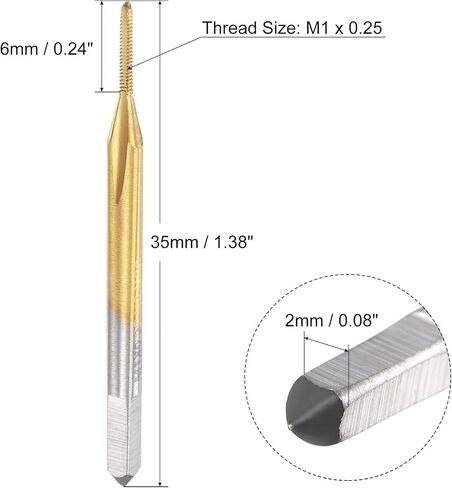 صنبور خيط متري M1 × 0.25، كوبالت HSS مطلي بالتيتانيوم (فولاذ عالي السرعة) 3 مزامير مستقيمة، أداة إصلاح صغيرة لولبية صغيرة للساعات والساعات in Saudi Arabia