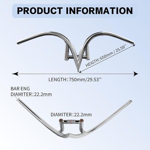 Tracer V-Type Steel Handlebar HB-TB-VS800220 Universal Fit 750 * 650 * 22.2 * 1.4T - Chrome in Kuwait