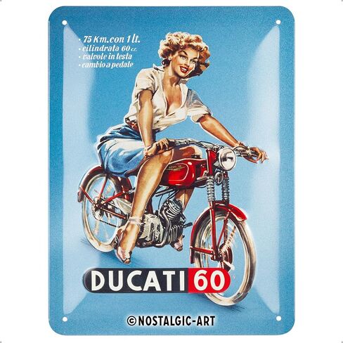 لافتة قصدير كلاسيكية من Nostalgic-Art، 15 × 20 سم، Ducati - Cilindrata 60 Pin Up - فكرة هدية لسائقي الدراجات النارية، منتج ترخيص رسمي (OLP)، مصنوع من المعدن، تصميم عتيق in Saudi Arabia
