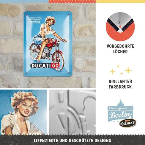 لافتة قصدير كلاسيكية من Nostalgic-Art، 15 × 20 سم، Ducati - Cilindrata 60 Pin Up - فكرة هدية لسائقي الدراجات النارية، منتج ترخيص رسمي (OLP)، مصنوع من المعدن، تصميم عتيق in Saudi Arabia
