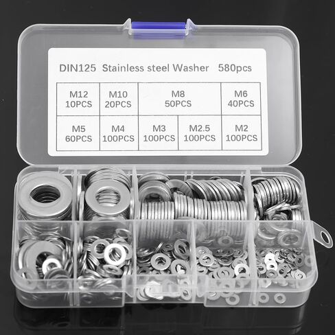 580Pcs/Box 304 Stainless Steel Flat Washer M2 M2.5 M3 M4 M5 M6 M8 M10 M12 Metal O-Ring Washer Kit Classification for Car Parts Repair in Saudi Arabia