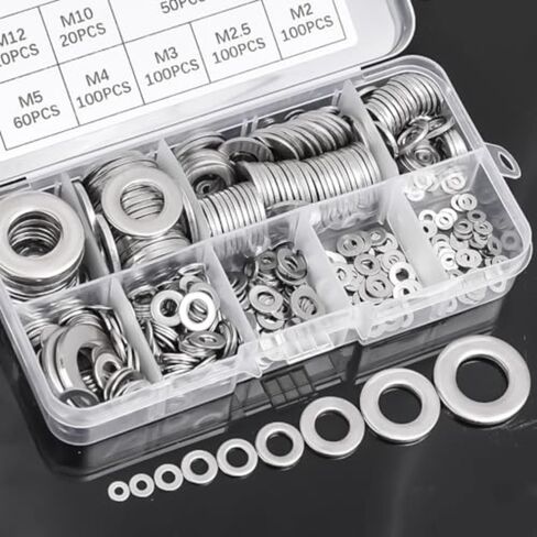 580Pcs/Box 304 Stainless Steel Flat Washer M2 M2.5 M3 M4 M5 M6 M8 M10 M12 Metal O-Ring Washer Kit Classification for Car Parts Repair in Saudi Arabia
