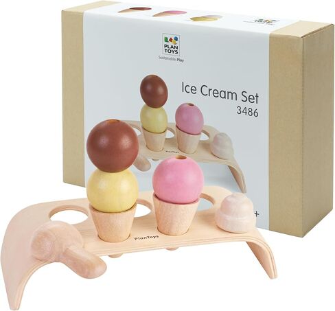 PlanToys Ice Cream Cone Pretend Play Food Set (3486) | Sustainably Made from Rubberwood and Non-Toxic Paints and Dyes in Saudi Arabia