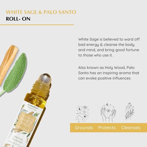 White Sage & Palo Santo Essential Oil Roll-On Blend by Aromafume | 10ml/0.33 fl oz | Aromatherapy Oil for Cleansing Negative Energy & Protection | Ethically sourced | Sage Oil for Smokeless Smudging in Saudi Arabia