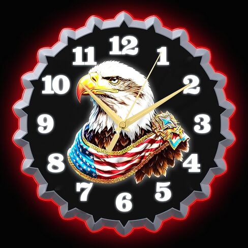 Neon Wall Clock, 12 Inch, Americn Flag & Bald Eagle Graphics, Stunning 3D Glow Effect, Non Ticking Clocks, for Living Room/Bedroom/Office/Garage/Bar/Game Room Decor in Saudi Arabia