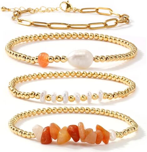 Gold Beaded Bracelets for Women Handmade Pearl Colorful Crystal Paperclip Link Chain Bracelet Stack Stretch Elastic Boho 14K Gold Plated Beads Stackable Trendy Jewelry Friendship Gift in Saudi Arabia