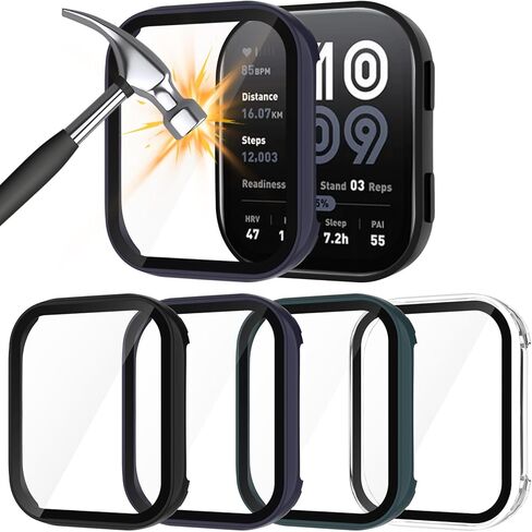 حافظة متوافقة مع الساعة الذكية Amazfit Bip 6 مقاس 46 مم، 4 عبوات من غطاء الكمبيوتر الصلب مع واقي شاشة من الزجاج المقوى عالي الدقة مضاد للخدش وغطاء رفيع للغاية لـ Amazfit Bip 6 (أسود + أزرق + أخضر + شفاف) in Kuwait