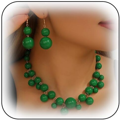 Large Red Beaded Necklace Earrings for Women Chunky Y2k Beads Choker Jewelry Set Fashion Costume Outfit Choker Necklaces Dangling Statement Earring in Saudi Arabia