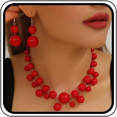 Large Red Beaded Necklace Earrings for Women Chunky Y2k Beads Choker Jewelry Set Fashion Costume Outfit Choker Necklaces Dangling Statement Earring in Saudi Arabia