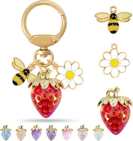 Strawberry Bag Charm with Flower & Bee for Handbags or Wallet - Cute Strawberry Keychain Accessories for Women, Girls in Kuwait