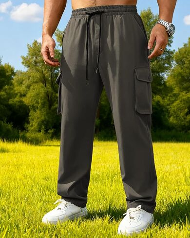 Men's Lightweight Cargo Pants Elastic Drawstring Casual Relaxed Fit Tapered Pants Multi Pockets S-3XL in Saudi Arabia