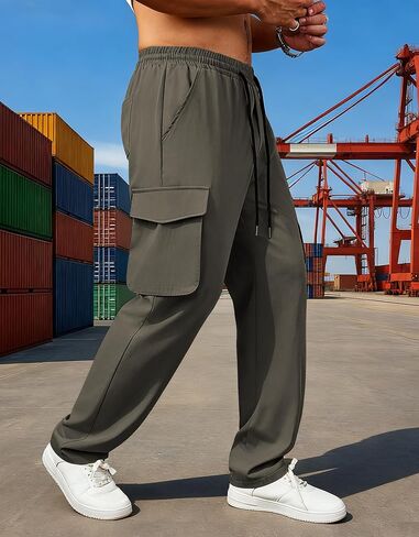 Men's Lightweight Cargo Pants Elastic Drawstring Casual Relaxed Fit Tapered Pants Multi Pockets S-3XL in Saudi Arabia
