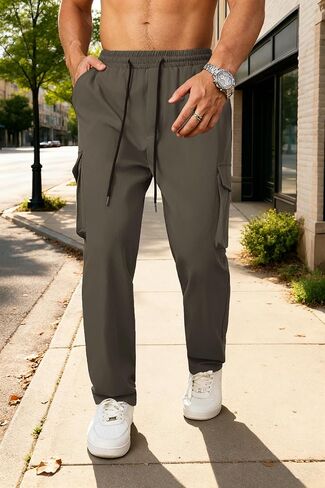 Men's Lightweight Cargo Pants Elastic Drawstring Casual Relaxed Fit Tapered Pants Multi Pockets S-3XL in Saudi Arabia
