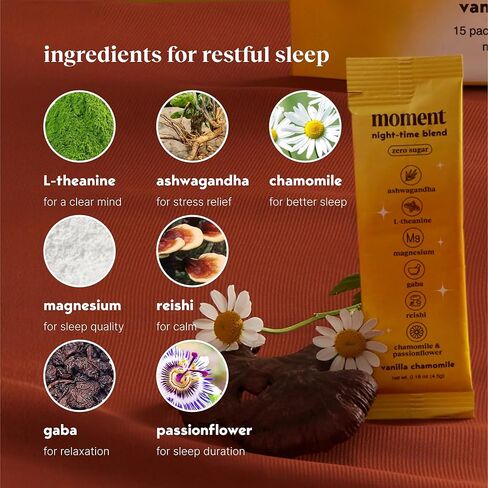 Moment Sleep Tea (Shark Tank) | Vanilla Chamomile | Melatonin Alternative | 0 Sugar | Low Calorie | 0 Caffeine | Mushroom Drink | Adaptogens, Reishi, GABA, Magnesium, Chamomile | Keto | 15 Servings in Saudi Arabia