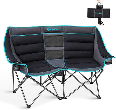 FUNDANGO Extra Wide 3 Person Camping Chair with Cooler, Folding Oversized Sofa Camp Chairs for Adults Fully Padded Couch with Cup Holder for Outdoor Lawn Beach Patio Support 1000 LBS Black/Blue in Kuwait