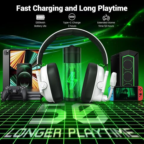 سماعة ألعاب لاسلكية مع ميكروفون لإلغاء الضوضاء للكمبيوتر الشخصي، PS5، PS4، Switch، Mac، سماعات رأس لاسلكية 2.4 جيجا هرتز وبلوتوث 5.4 للألعاب، إضاءة RGB رائعة، بطارية 50 ساعة، برامج تشغيل 50 مم (أسود) in Kuwait