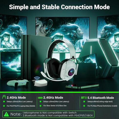 سماعة ألعاب لاسلكية مع ميكروفون لإلغاء الضوضاء للكمبيوتر الشخصي، PS5، PS4، Switch، Mac، سماعات رأس لاسلكية 2.4 جيجا هرتز وبلوتوث 5.4 للألعاب، إضاءة RGB رائعة، بطارية 50 ساعة، برامج تشغيل 50 مم (أسود) in Kuwait