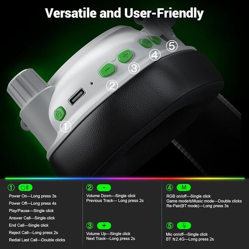 سماعة ألعاب لاسلكية مع ميكروفون لإلغاء الضوضاء للكمبيوتر الشخصي، PS5، PS4، Switch، Mac، سماعات رأس لاسلكية 2.4 جيجا هرتز وبلوتوث 5.4 للألعاب، إضاءة RGB رائعة، بطارية 50 ساعة، برامج تشغيل 50 مم (أسود) in Kuwait