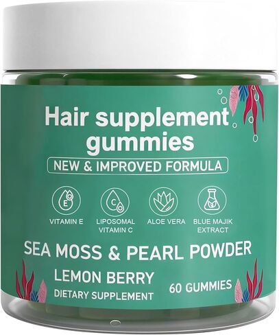 Hair Loss Gummies,Sea Moss Gummies with Vitamin C, Vitamin E, Aloe Vera, Pearl Powder Support Faster Hair Growth,Enhance Nail Elasticity,Promot Radiant Skin,Gluten-Free - 60 Count in Kuwait
