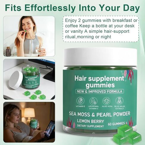 Hair Loss Gummies,Sea Moss Gummies with Vitamin C, Vitamin E, Aloe Vera, Pearl Powder Support Faster Hair Growth,Enhance Nail Elasticity,Promot Radiant Skin,Gluten-Free - 60 Count in Kuwait