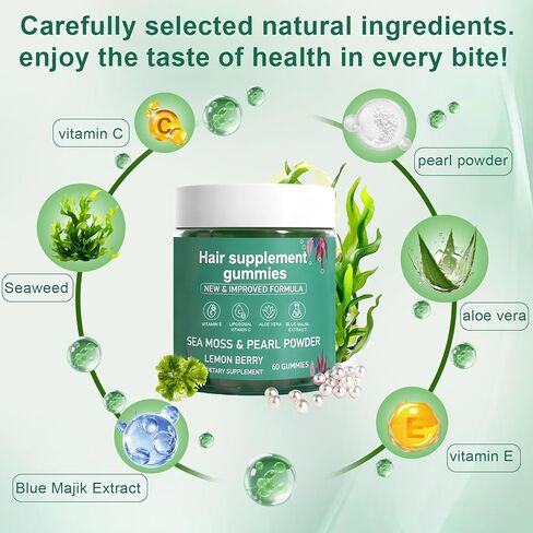 Hair Loss Gummies,Sea Moss Gummies with Vitamin C, Vitamin E, Aloe Vera, Pearl Powder Support Faster Hair Growth,Enhance Nail Elasticity,Promot Radiant Skin,Gluten-Free - 60 Count in Kuwait