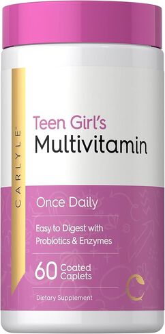 Carlyle Teen Multivitamin for Girls | 60 Caplets | Once Daily | Easy to Digest with Probiotics & Enzymes | with Iron | Non-GMO, Gluten Free in Saudi Arabia