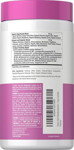Carlyle Teen Multivitamin for Girls | 60 Caplets | Once Daily | Easy to Digest with Probiotics & Enzymes | with Iron | Non-GMO, Gluten Free in Saudi Arabia