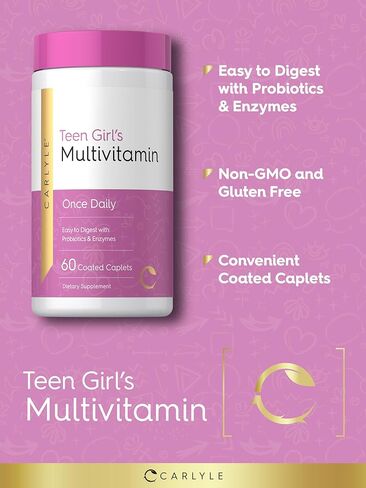Carlyle Teen Multivitamin for Girls | 60 Caplets | Once Daily | Easy to Digest with Probiotics & Enzymes | with Iron | Non-GMO, Gluten Free in Saudi Arabia