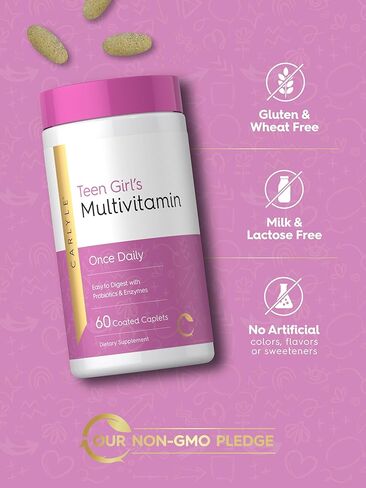 Carlyle Teen Multivitamin for Girls | 60 Caplets | Once Daily | Easy to Digest with Probiotics & Enzymes | with Iron | Non-GMO, Gluten Free in Saudi Arabia