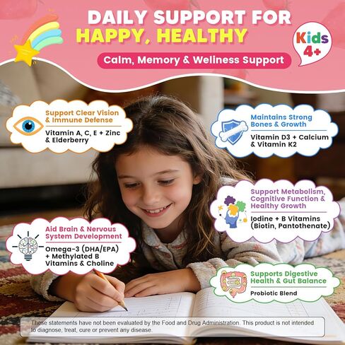 Kids Methylated Multivitamin Gummies with Omega 3, Multivitamin for Kids & Teens 4+ w/L Methylfolate & B12, Calcium, Probiotics, Elderberry, 16 Vitamins for Healthy Growth, Immune Support, Sugar Free in Kuwait