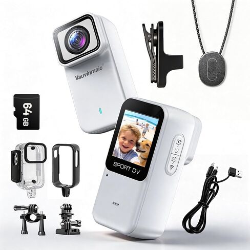 4K Body Camera with WiFi, POV Action Cam for Motorcycling Skiing Cycling Vlogging Sports, Magnetic Wearable Thumb Camera for Hands-Free Recording, Waterproof Portable Video Recorder, 64GB Card, White in Saudi Arabia