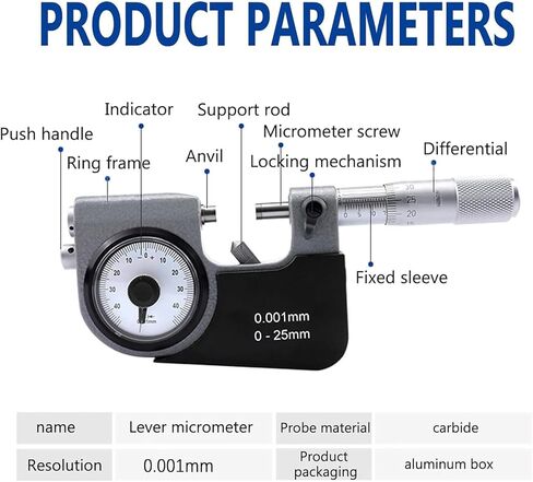 Leverage Micrometer, High-Precision Measuring Instrument, Resolution: 0.001mm, Measuring Range 0-25mm, Accuracy: 0.003mm Stable and Durable, for Precision Hardware, Mold Processing in Kuwait