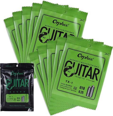 Generic TX-1 سلسلة واحدة بديلة للجيتار الصوتي الشعبي السلسلة الإلكترونية الأولى (.010) 10 عبوات عالية الفولاذ e 75/25 فوسفور برونزي توتر خفيف إضافي in Kuwait