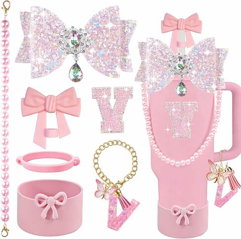 7 Pcs Letter Charms Accessories Set for Stanley Cup, Pink Bow Straw Topper, Silicone Boot, Handle Strap, Pearl Keychain, Pearl Handle Strap for 30oz & 40oz Tumbler (Letter A) in Saudi Arabia