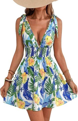 GORGLITTER Women's Floral Tropical Bow Tie Mini Dresses V Neck Sleeveless Open Back Flowy Dress Summer Beach Dress 2025 in Saudi Arabia