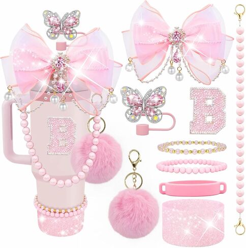 Etter Stickers Bling Accessories Set for Stanley 40/30/20 oz Tumbler: Bow Straw Topper, Charms, Butterfly Cap, Pearl Strap, Silicone Boot, Accessories for Stanley Quencher H2.0 in Saudi Arabia