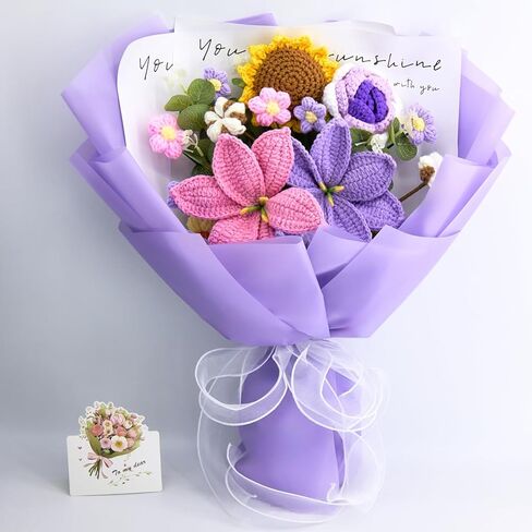 زهور الكروشيه ، باقة زهرة الكروشيه مع 14 زهور الكروشيه من عباد الشمس ، الورود ، باقة زنبق لعيد الميلاد ، التخرج ، هدية لأمي ، احصل على هدايا جيدة للنساء (الأرجواني ، بطاقة) in Kuwait