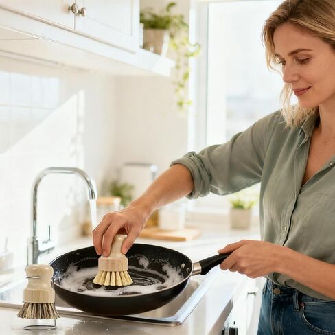 مجموعة فرش أطباق الخيزران من سامبوتيكو مكونة من 6 قطع مع حامل من الفولاذ المقاوم للصدأ سريع الجفاف، 3 × فرشاة بشعيرات السيزال الطبيعية و1 × فرش تنظيف المطبخ بشعيرات النخيل للأطباق والأواني والمقالي والمغسلة in Kuwait