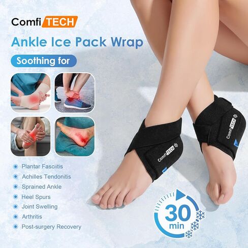 حزمة ثلج للكاحل مزدوجة الجل من ComfiTECH مع تبريد ممتد لمدة 30 دقيقة، ودعم ضغط قابل للتعديل لتخفيف التهاب اللفافة الأخمصية، حزمة جل باردة قابلة لإعادة الاستخدام لالتهاب الأوتار، والالتواء، والتورم، والكعب in Kuwait