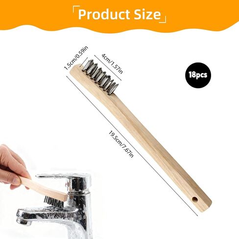 18 Pcs Wood Handle Wire Scratch Brush Set,7.7 Inch Stainless Steel Small Wire Scratch Brushes with Wood Handle for Rust Removal,Paint and Dirt Cleaning,Easy to Hang in Saudi Arabia