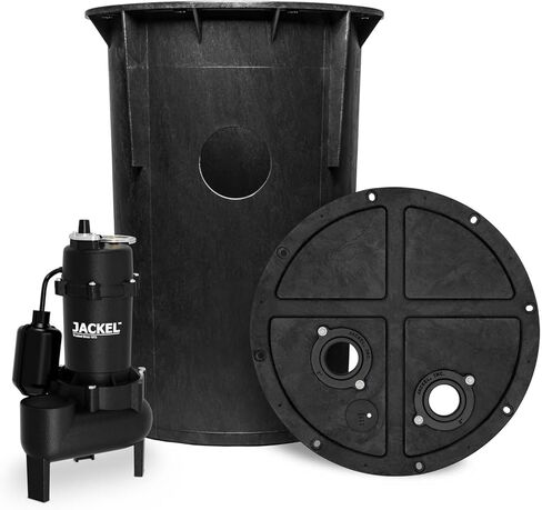 JACKEL Sewage Pump System, 1/2 HP, 108 GPM, 2" Discharge, Tethered Float Switch, 30 Gallon Basin, Gas Tight Cover in Kuwait