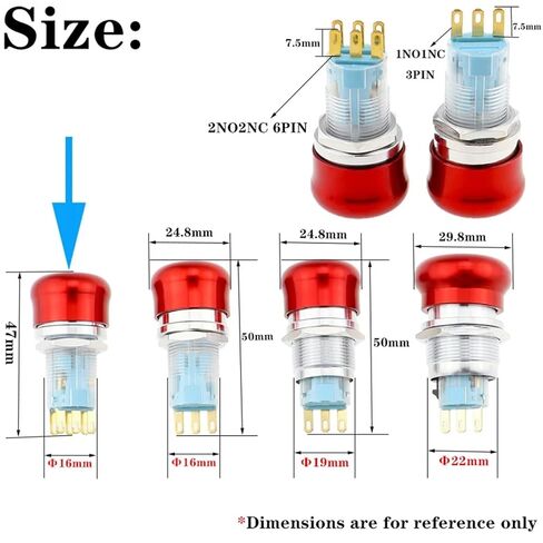 1 قطعة مفتاح زر الضغط، 16/19/22 مم معدن الألومنيوم الإغلاق NO NC 2NO 2NC دبوس محطة زر إيقاف الفطر الأحمر (أسود، 15 مم، 1NO1NC 3PIN) in Kuwait