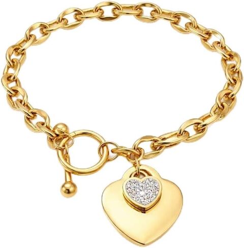 Gold Jewelry for Women, 18K Gold Plated Stainless Steel Bracelet Heart Chain with Toggle Clasp, Trendy, with Gift for Her in Saudi Arabia