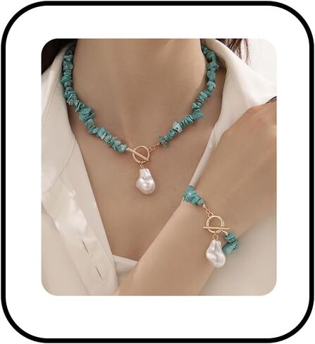 Turquoise Necklace Bracelet Set for Women,Vintage Baroque Pearl Pendant Necklaces Bracelet Set Boho RedWhiteBlack Irregular Pearl Necklace Bracelet Beach Party Fashion Jewelry in Saudi Arabia