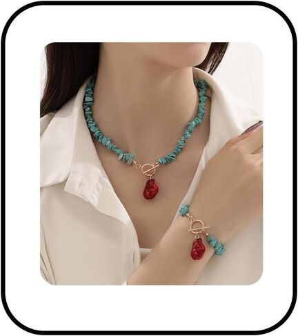 Turquoise Necklace Bracelet Set for Women,Vintage Baroque Pearl Pendant Necklaces Bracelet Set Boho RedWhiteBlack Irregular Pearl Necklace Bracelet Beach Party Fashion Jewelry in Saudi Arabia