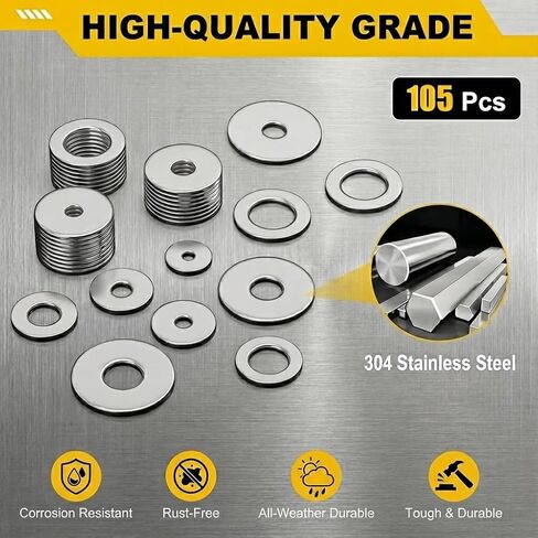 105Pcs 304 Stainless Steel Flat Washers, Fender Washers Assortment Kit 6 Sizes (M3-M10) for Screws Bolts, Large and Small Hardware for Various Home, Industrial, Automotive Use, Silver in Saudi Arabia