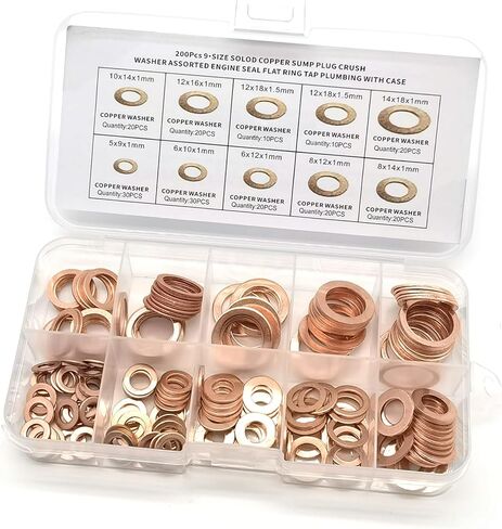 MLY 200PCS Flat Washers Assortment Kit, 9 Sizes Copper Metric Sealing Crush Washer Gasket, Oil Drain Plug Gaskets M5 M6 M8 M10 M12 M14, Universal for Most Cars, Trucks (Gold) in Saudi Arabia