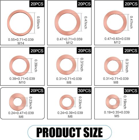 MLY 200PCS Flat Washers Assortment Kit, 9 Sizes Copper Metric Sealing Crush Washer Gasket, Oil Drain Plug Gaskets M5 M6 M8 M10 M12 M14, Universal for Most Cars, Trucks (Gold) in Saudi Arabia