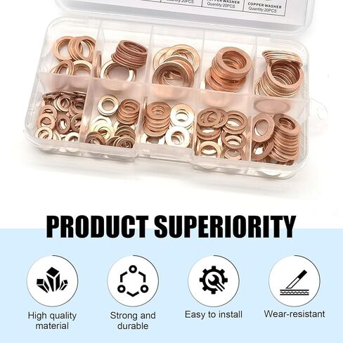 MLY 200PCS Flat Washers Assortment Kit, 9 Sizes Copper Metric Sealing Crush Washer Gasket, Oil Drain Plug Gaskets M5 M6 M8 M10 M12 M14, Universal for Most Cars, Trucks (Gold) in Saudi Arabia