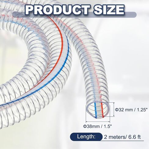 PATIKIL 1-1/4" ID Wire Reinforced Hose 6.6 Ft, PVC Vinyl Suction Tubing High Pressure Chemical Resistant with Spiral Steel Wire for Water Fuel Powder Drain, Clear in Saudi Arabia
